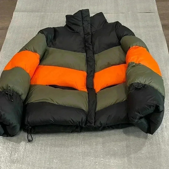 [S] Zara short puffer coat black orange green quilted color  blocking - Picture 2 of 12